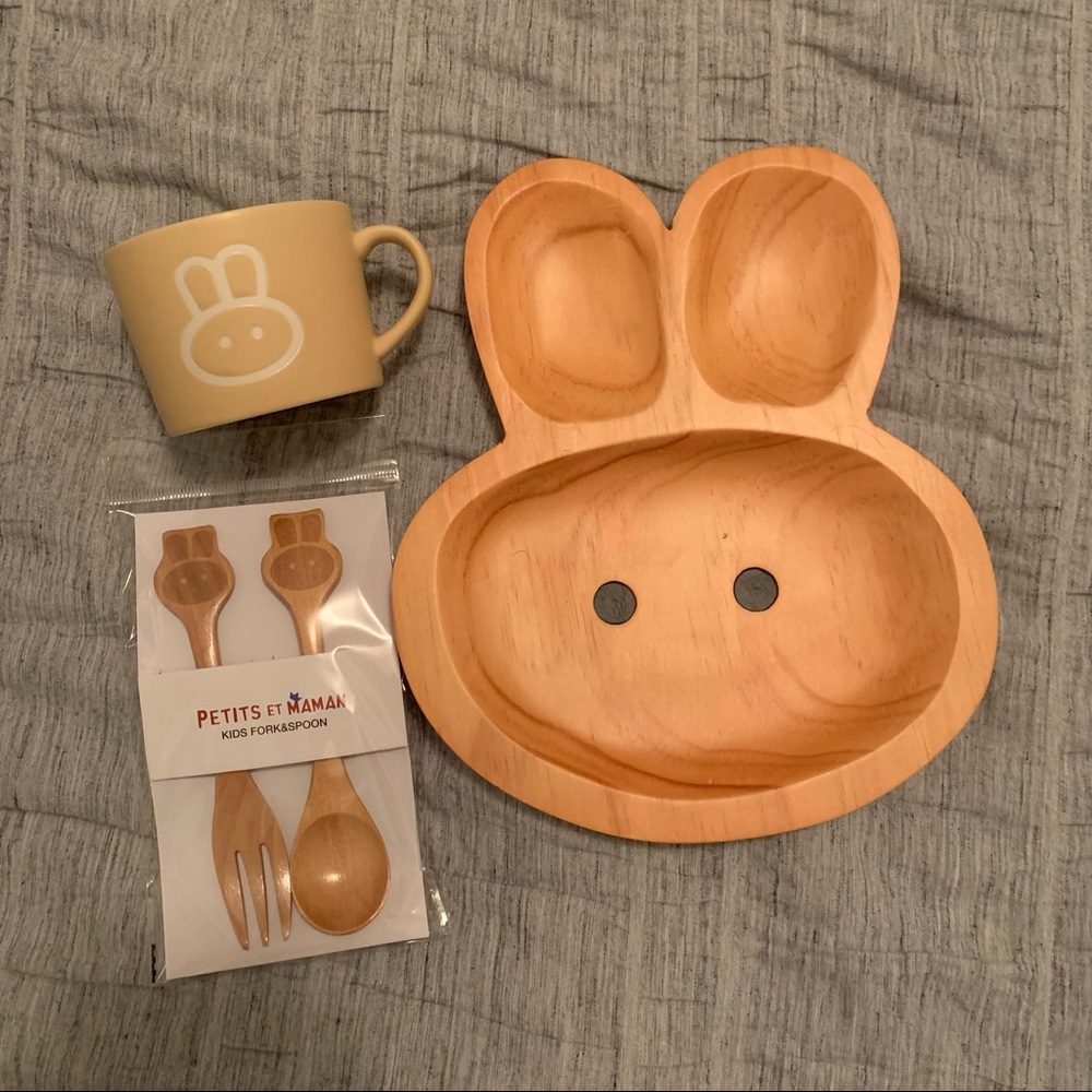Petits et maman Wooden Dinnerware + Ceramic Mug Gift Set for Kids - Rabbit